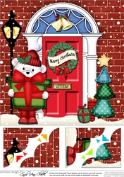 8 x 8 Christmas Door Cute Teddy Bear has a present Scalloped Corner Topper