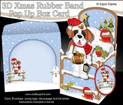 3D Christmas Rubber Band Pop Up Box Card - Tex the St Bernard Dog is at the North Pole