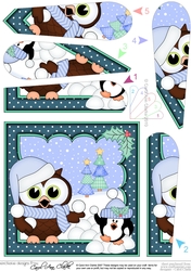 Christmas Little Hoot Owl and Pip Penguin have a Snowball Fight Fan Pyramage Topper