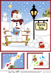 8 x 8 Christmas at the North Pole Snowman Mack has a mug of Hot Chocolate Scalloped Corner Topper 