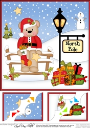 8 x 8 Christmas at the North Pole Cute Little Livvy Bear has a Christmas Stocking Scalloped Corner Topper