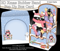 3D Christmas Rubber Band Pop Up Box Card - Christmas Pip Penguin has a Christmas Stocking