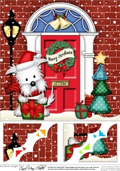 8 x 8 Christmas Door Jock Westie Dog has a present Scalloped Corner Topper