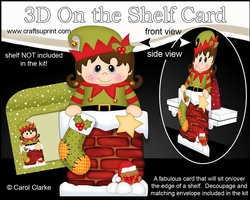 3D On the Shelf Card Kit - Christmas Cute Little Girl Elf is helping Santa take the Presents down the Chimney