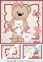 8 x 8 Livvy Bear plays with her Kittens Scalloped corner Topper