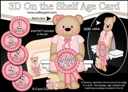 3D On the Shelf Card Kit - Cute Little Livvy Bear is the Birthday Girl with ages 1 - 5 age Rosette Decoupage