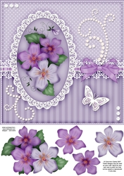 8x8 A Touch of Elegance Pretty Violas, Pearls and Lace Quick card front with 3D decoupage