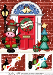 8 x 8 Christmas Door GiGi Horse has a present Scalloped Corner Topper