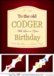 8 x 8 Happy Birthday TO THE OLD CODGER Red Wine Label Scalloped corner Topper