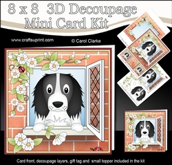 8 x 8 Mini Kit with 3d Decoupage - Through the Window - Little Springer Spaniel Dog Blue