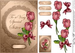 A5 Roses and Metallic Lace Quick Card with 3D Decoupage