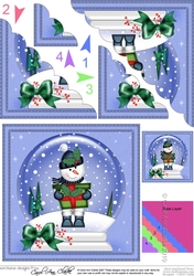 Christmas Snowglobe Snowman has a Present Scallop Corner side stacker Topper