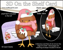 3D Christmas On the Shelf Card Kit - Cute Christmas Bobbin Robin has an Xmas Pudding