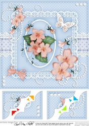 8 x 8 A Touch of Elegance Pretty Violas, Butterfly, Pearls and Lace Scalloped Corner Topper  