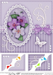 8 x 8 A Touch of Elegance Pretty Violas, Butterfly, Pearls and Lace Scalloped Corner Topper  