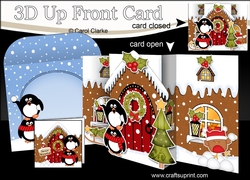 3D Up Front Card Kit - Pip Penguin is having a Snowball Fight at the Christmas Gingerbread House