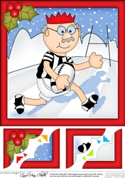 8 x 8 Christmas Old Man Bert plays rugby Scalloped corner Topper