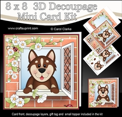 8 x 8 Mini Kit with 3d Decoupage - Through the Window - Little Husky Dog Biscuit