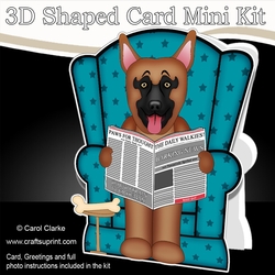 3D Shaped Card Kit - Little German Shepherd Dog Nash reads the Barking Newspaper