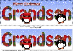 Large DL Merry Christmas GRANDSON 3D decoupage with Tartan Penguins