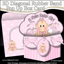 3D Diagonal Rubber Band Pop Up Box Card Kit - Cute Little Baby Girl Bea