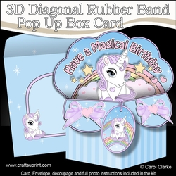 3D Diagonal Rubber Band Pop Up Box Card Kit - Cute Little Unicorn Magic