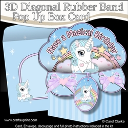 3D Diagonal Rubber Band Pop Up Box Card Kit - Cute Little Baby Unicorn Blueberry