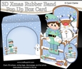 3D Christmas Rubber Band Pop Up Box Card - Cute Little Christmas Elf is snowballing with Snowman Sam