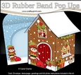 3D Rubber Band Pop Up Christmas Card - Christmas Gingerbread House Little Girl Elf has a Santa Sack 