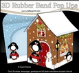 3D Rubber Band Pop Up Christmas Card - Penguins are having fun at the Christmas Gingerbread House
