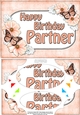 A5 Happy Birthday PARTNER Butterflies & Flowers Scallop Corners and Pyramage