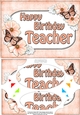 A5 Happy Birthday TEACHER Butterflies & Flowers Scallop Corners and Pyramage