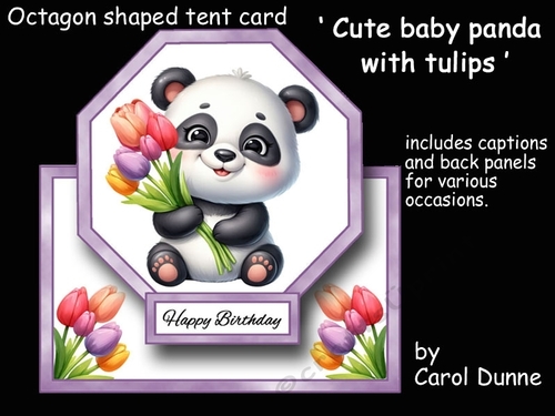 Cute baby panda with tulips