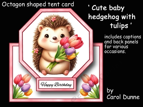Cute baby hedgehog with tulips