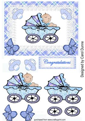 Baby Boy Blue Pram Decoupage