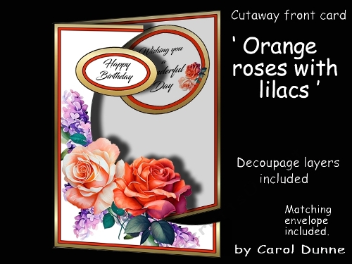 Cutaway Orange roses with lilacs
