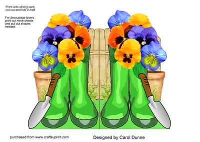 Green Wellies and Pansies Shaped Card