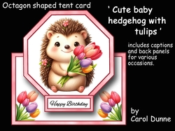 Cute baby hedgehog with tulips