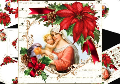 8x8 Poinsettia and robin with Christmas scene 1