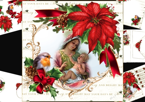 8x8 Poinsettia and robin with Christmas scene 3