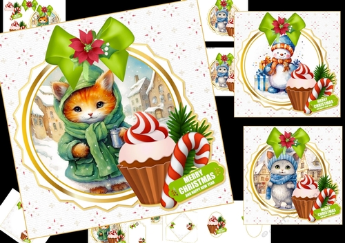 7x7 Pussy cat cupcake Christmas choice of three toppers mini kit