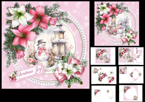 7x7 Pink Christmas snowman with amaryllis choice of two mini kit 
