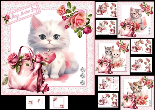 7x7 Cute kittens birthday or Mothers Day wishes choice of four mini kit