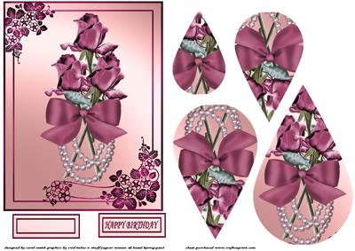 Three Dark Red Roses and Pearls Teardrop Pyramid