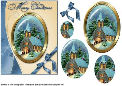 Vintage Chrismas Scene Evening Church Service Oval Pyramid
