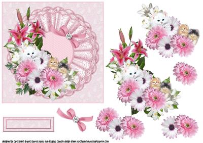 A Cluster of Pink Flowers and Kittens