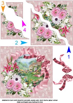 Thatched Cottage Scene with Pink Floral Spray Side Stacker