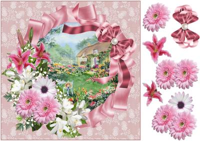 8x8 Thached Cottage Scene with Pink Floral Spray