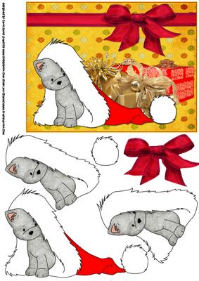Kitten in Santa Hat with Gifts