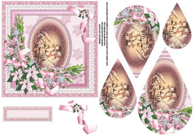 Vintage Christmas Scene and Pink Poinsettia Teardrop Pyramid